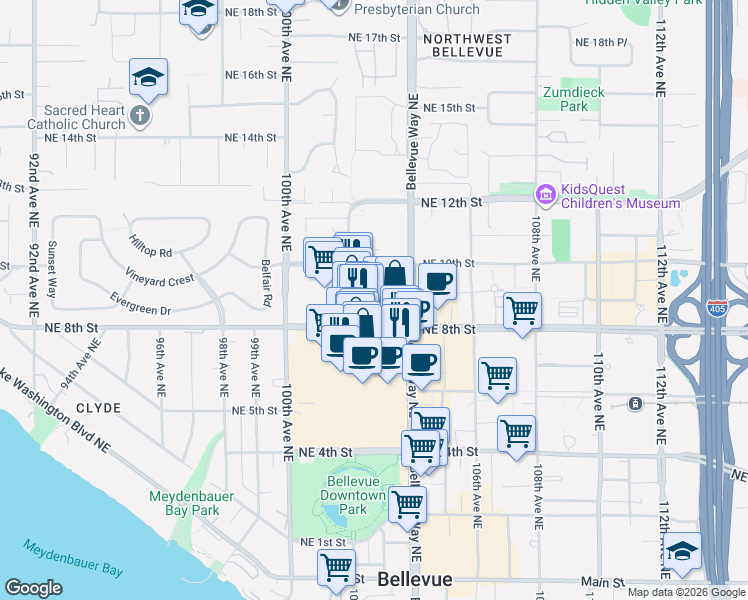 map of restaurants, bars, coffee shops, grocery stores, and more near 889 Avenue Square Northeast in Bellevue