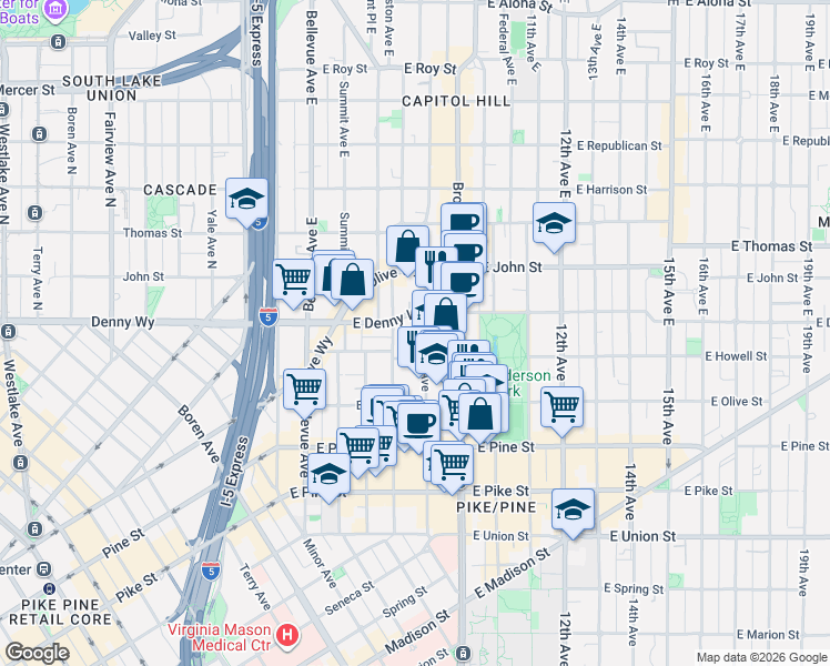 map of restaurants, bars, coffee shops, grocery stores, and more near 1821 Harvard Avenue in Seattle