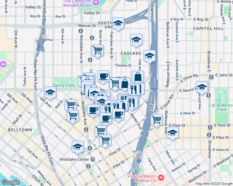 map of restaurants, bars, coffee shops, grocery stores, and more near 1100 Virginia Street in Seattle
