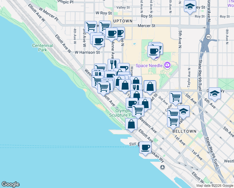 map of restaurants, bars, coffee shops, grocery stores, and more near 3104 Western Avenue in Seattle