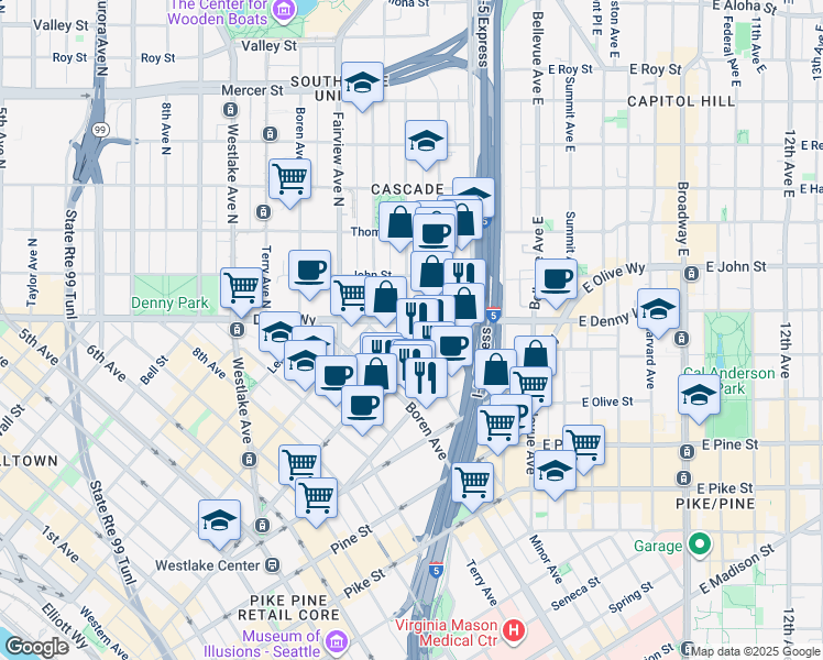 map of restaurants, bars, coffee shops, grocery stores, and more near 1818 Minor Avenue in Seattle
