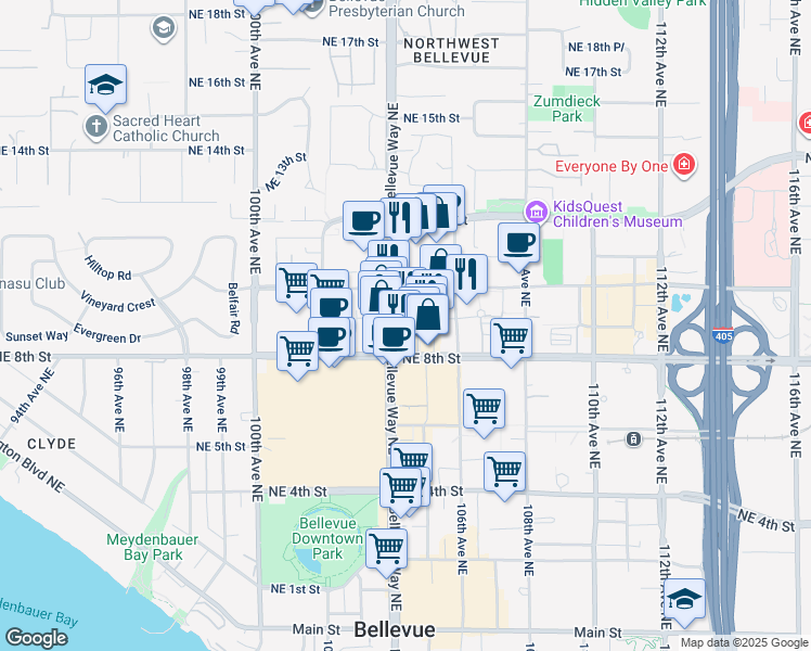 map of restaurants, bars, coffee shops, grocery stores, and more near 900 Bellevue Way Northeast in Bellevue