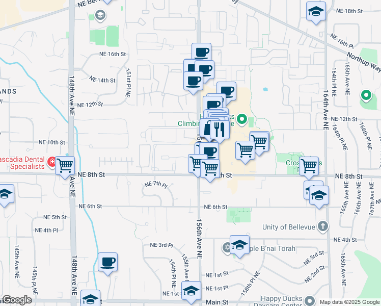 map of restaurants, bars, coffee shops, grocery stores, and more near 825 156th Avenue Northeast in Bellevue