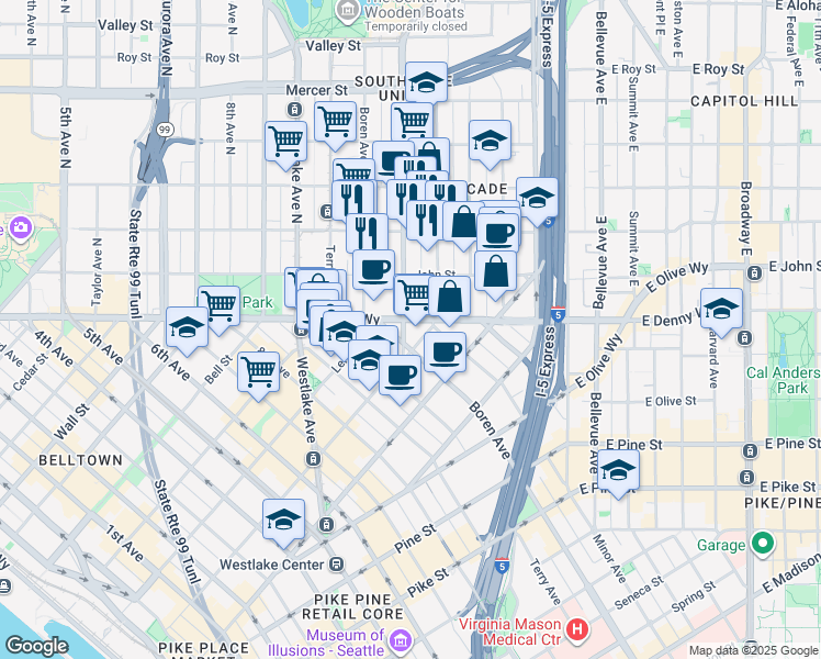 map of restaurants, bars, coffee shops, grocery stores, and more near 2014 Fairview Avenue in Seattle
