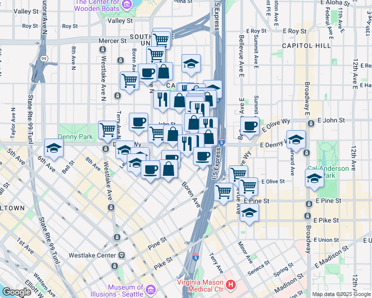 map of restaurants, bars, coffee shops, grocery stores, and more near 110 Yale Avenue in Seattle