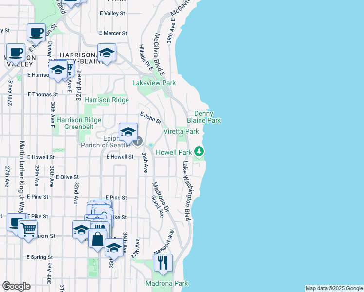 map of restaurants, bars, coffee shops, grocery stores, and more near 120 39th Avenue East in Seattle