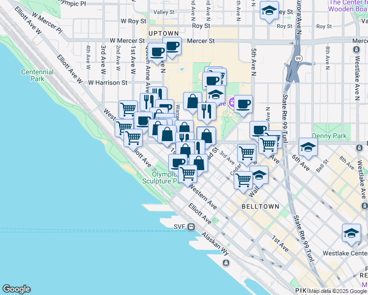 map of restaurants, bars, coffee shops, grocery stores, and more near 116 Warren Avenue North in Seattle