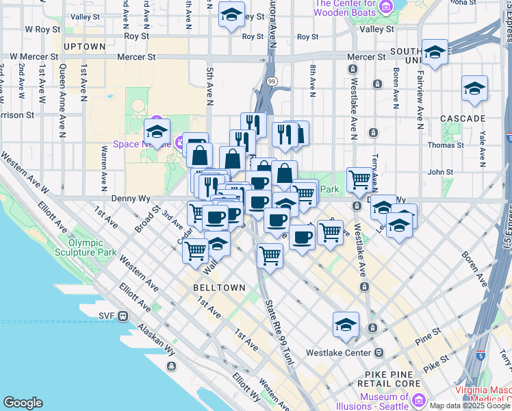 map of restaurants, bars, coffee shops, grocery stores, and more near 2510 6th Avenue in Seattle