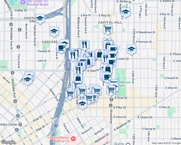 map of restaurants, bars, coffee shops, grocery stores, and more near 515 East Denny Way in Seattle