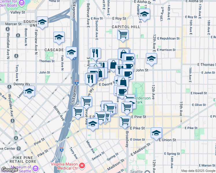 map of restaurants, bars, coffee shops, grocery stores, and more near 123 Boylston Avenue East in Seattle