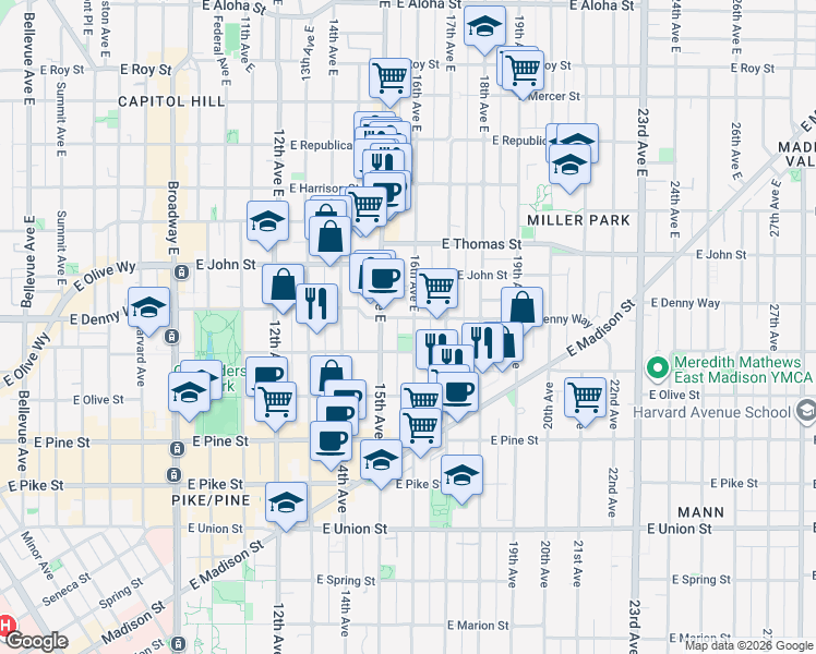 map of restaurants, bars, coffee shops, grocery stores, and more near 1845 16th Avenue in Seattle