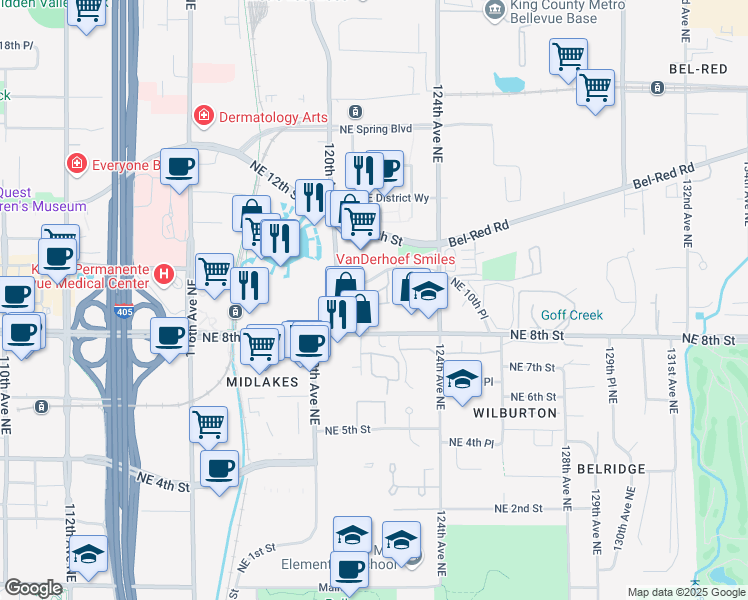 map of restaurants, bars, coffee shops, grocery stores, and more near 12005 Northeast 12th Street in Bellevue