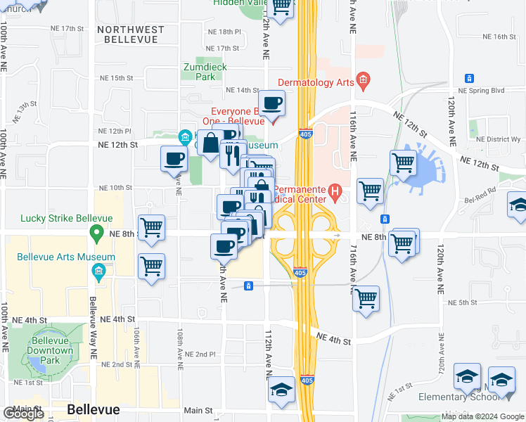 map of restaurants, bars, coffee shops, grocery stores, and more near 989 112th Avenue Northeast in Bellevue