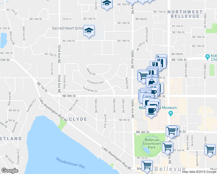 map of restaurants, bars, coffee shops, grocery stores, and more near 1004 Park Road in Bellevue