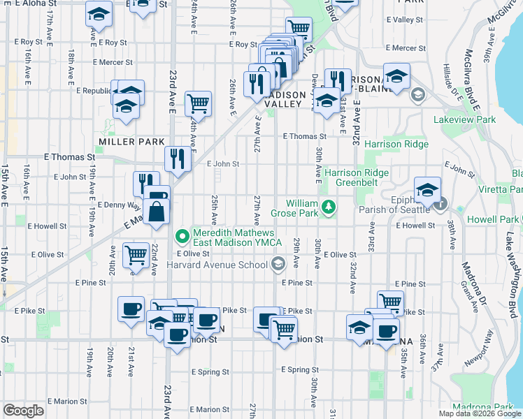 map of restaurants, bars, coffee shops, grocery stores, and more near 101 Martin Luther King Junior Way East in Seattle