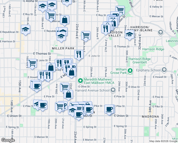 map of restaurants, bars, coffee shops, grocery stores, and more near 100 24th Avenue East in Seattle