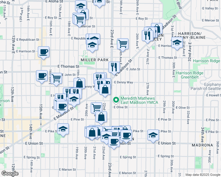 map of restaurants, bars, coffee shops, grocery stores, and more near 2303 East Madison Street in Seattle