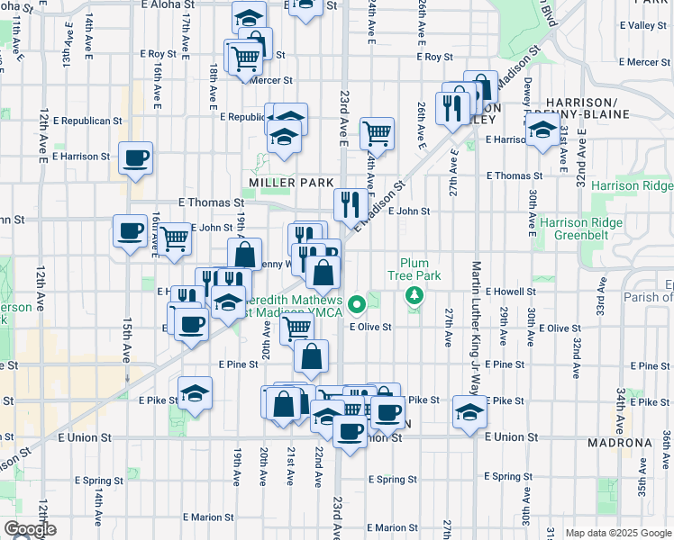 map of restaurants, bars, coffee shops, grocery stores, and more near 2303 East Madison Street in Seattle