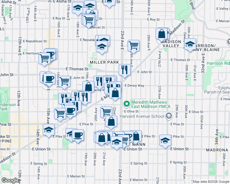 map of restaurants, bars, coffee shops, grocery stores, and more near 119 22nd Avenue East in Seattle