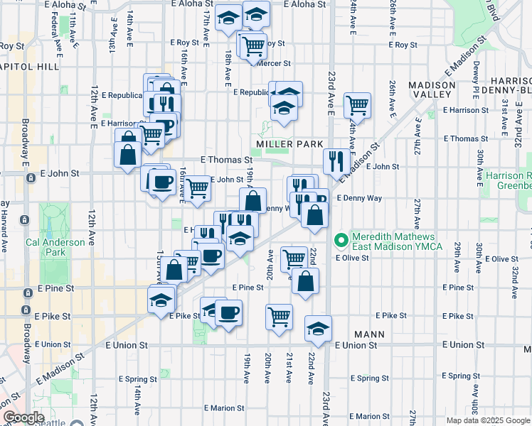 map of restaurants, bars, coffee shops, grocery stores, and more near 116 19th Avenue East in Seattle