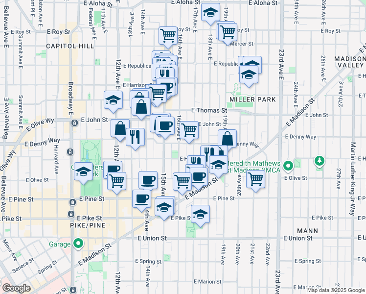map of restaurants, bars, coffee shops, grocery stores, and more near 108 15th Avenue East in Seattle