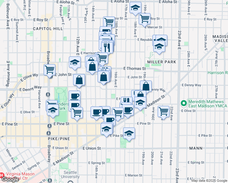 map of restaurants, bars, coffee shops, grocery stores, and more near 108 15th Avenue East in Seattle
