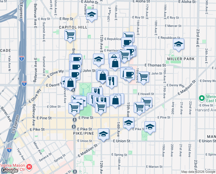 map of restaurants, bars, coffee shops, grocery stores, and more near 109 13th Avenue East in Seattle