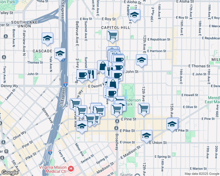 map of restaurants, bars, coffee shops, grocery stores, and more near 102 Harvard Avenue East in Seattle