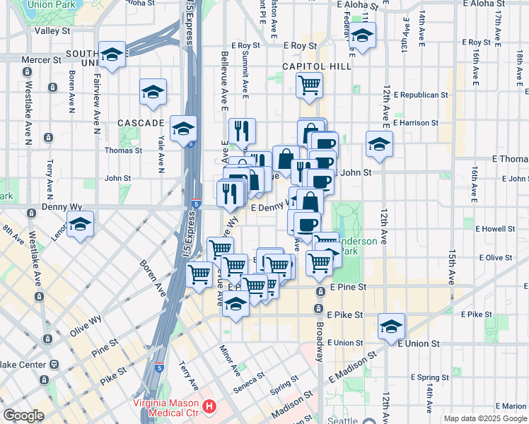 map of restaurants, bars, coffee shops, grocery stores, and more near 123 Boylston Avenue East in Seattle