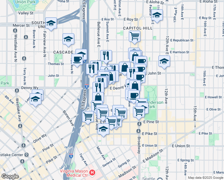 map of restaurants, bars, coffee shops, grocery stores, and more near 1580E East Olive Way in Seattle