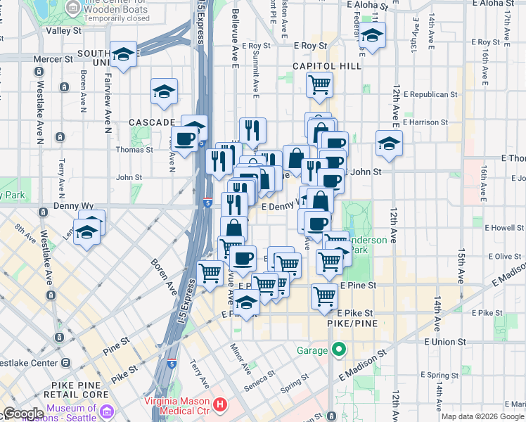 map of restaurants, bars, coffee shops, grocery stores, and more near 1580E East Olive Way in Seattle