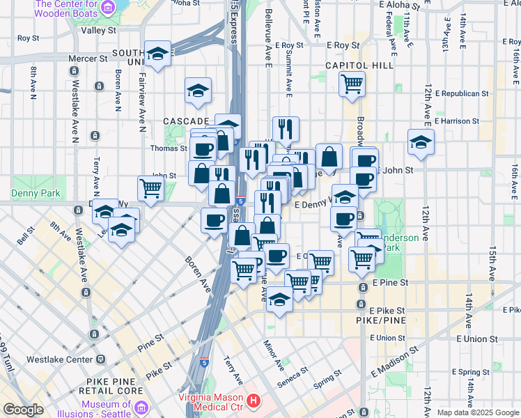 map of restaurants, bars, coffee shops, grocery stores, and more near 112 Bellevue Avenue East in Seattle