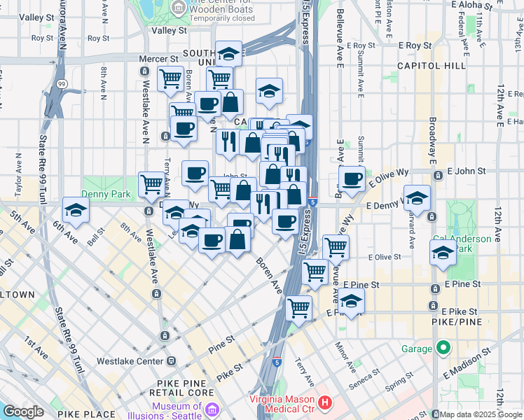 map of restaurants, bars, coffee shops, grocery stores, and more near 110 Yale Avenue in Seattle