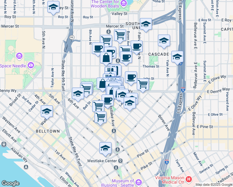 map of restaurants, bars, coffee shops, grocery stores, and more near 1000 Denny Way in Seattle