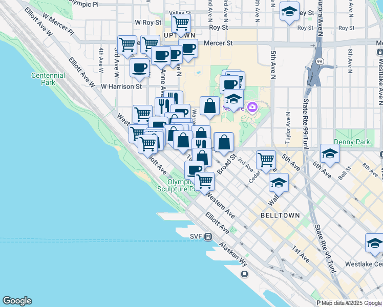 map of restaurants, bars, coffee shops, grocery stores, and more near 114 1st Avenue North in Seattle
