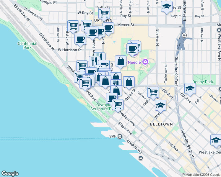 map of restaurants, bars, coffee shops, grocery stores, and more near 107 Denny Way in Seattle