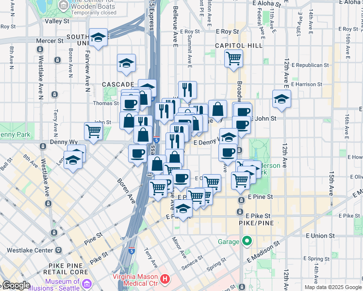 map of restaurants, bars, coffee shops, grocery stores, and more near 112 Bellevue Avenue East in Seattle