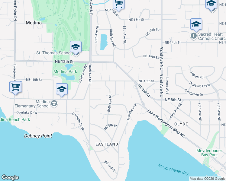 map of restaurants, bars, coffee shops, grocery stores, and more near 8623 Northeast 10th Street in Medina
