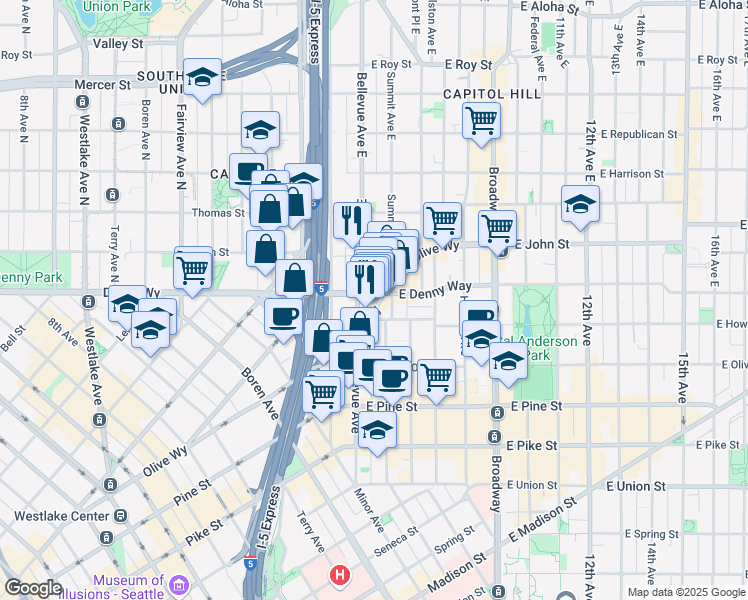 map of restaurants, bars, coffee shops, grocery stores, and more near 1522 East Olive Way in Seattle