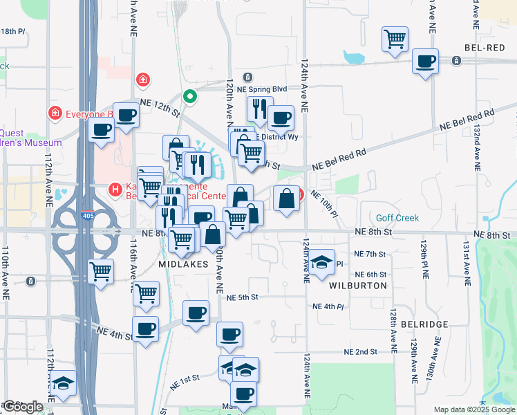 map of restaurants, bars, coffee shops, grocery stores, and more near 12219 Northeast Bel Red Road in Bellevue