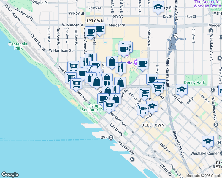 map of restaurants, bars, coffee shops, grocery stores, and more near 2nd Avenue & Eagle Street in Seattle
