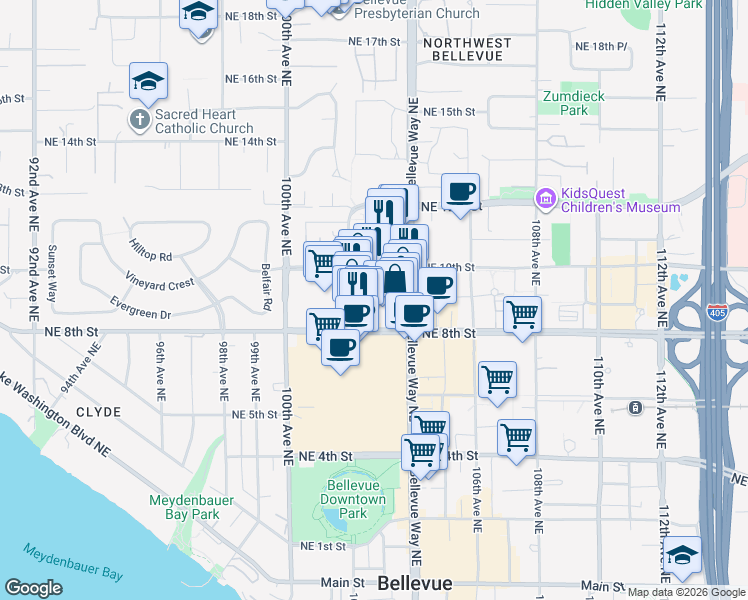 map of restaurants, bars, coffee shops, grocery stores, and more near 889 Avenue Square Northeast in Bellevue