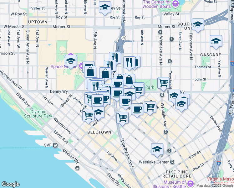 map of restaurants, bars, coffee shops, grocery stores, and more near 118 6th Avenue North in Seattle