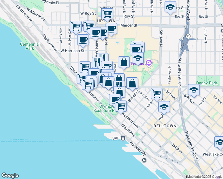 map of restaurants, bars, coffee shops, grocery stores, and more near 114 1st Avenue North in Seattle