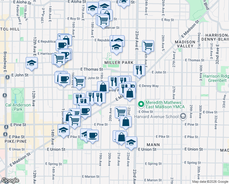 map of restaurants, bars, coffee shops, grocery stores, and more near Denny Way in Seattle