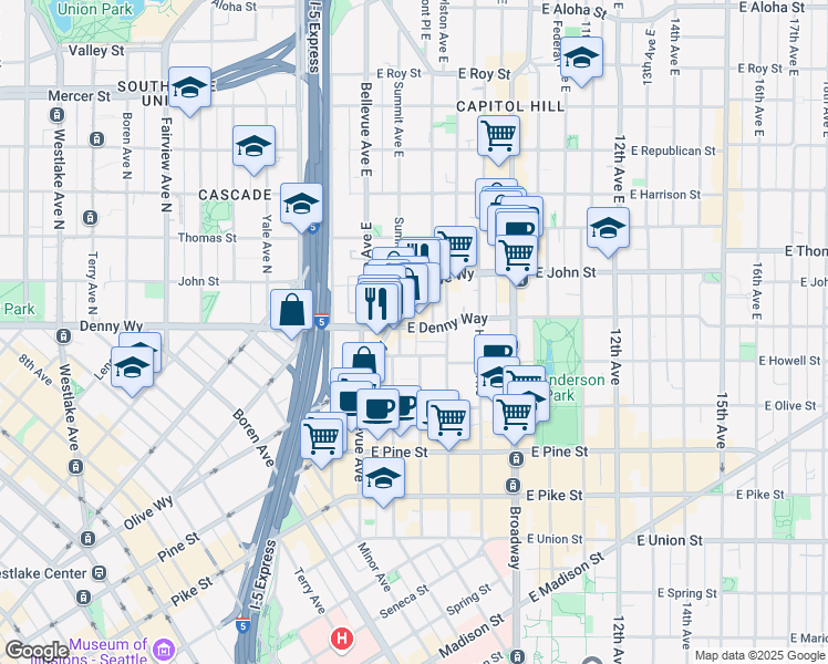 map of restaurants, bars, coffee shops, grocery stores, and more near 1580E East Olive Way in Seattle
