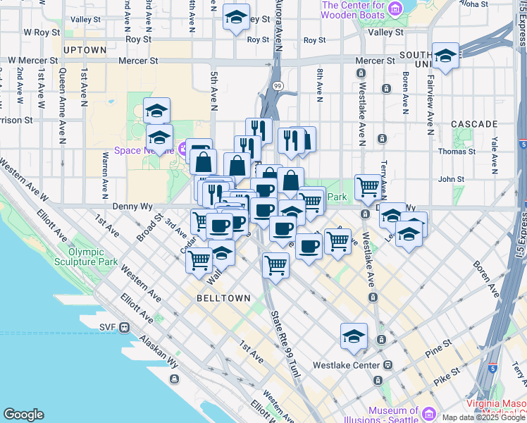 map of restaurants, bars, coffee shops, grocery stores, and more near 118 6th Avenue North in Seattle