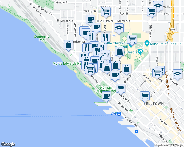 map of restaurants, bars, coffee shops, grocery stores, and more near 3131 Western Avenue in Seattle