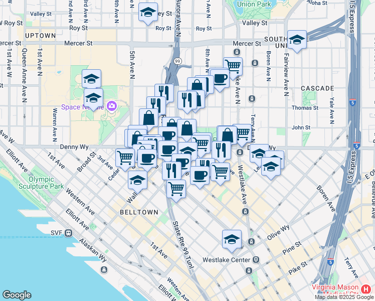 map of restaurants, bars, coffee shops, grocery stores, and more near 115 Dexter Avenue North in Seattle