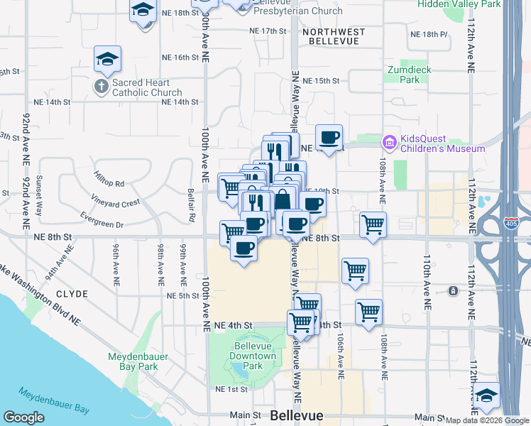 map of restaurants, bars, coffee shops, grocery stores, and more near 889 103rd Avenue Northeast in Bellevue